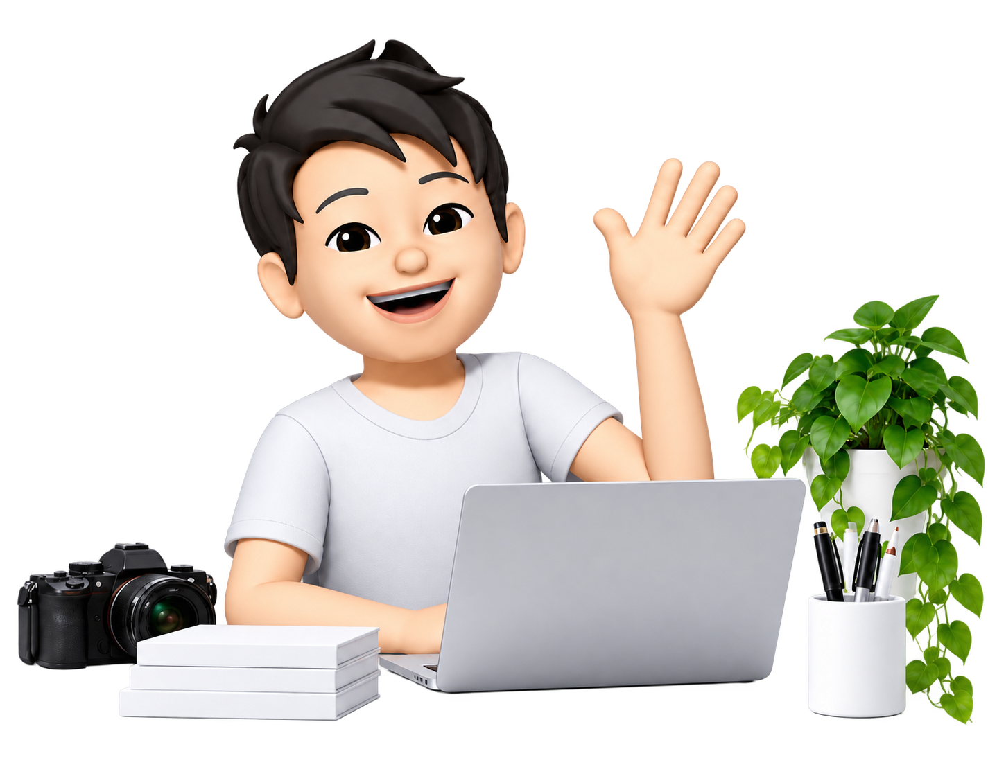 致月创始人的 Apple 风格头像,坐在电脑和相机旁挥手